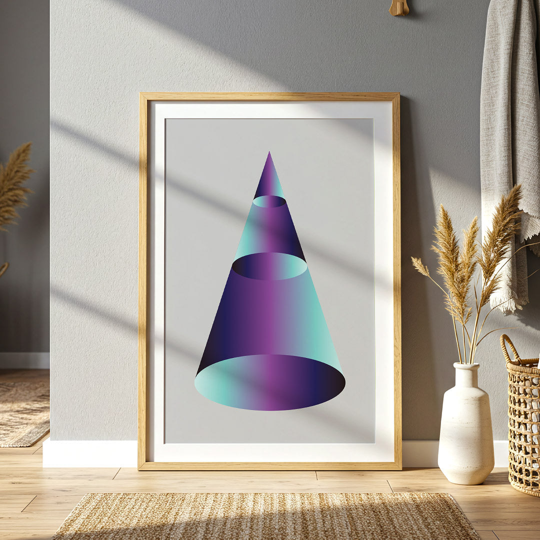 Framed abstract art print of a geometric shape on a wall in a home setting.