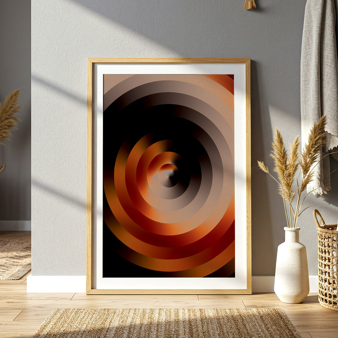Framed abstract art with concentric circles in a modern interior setting