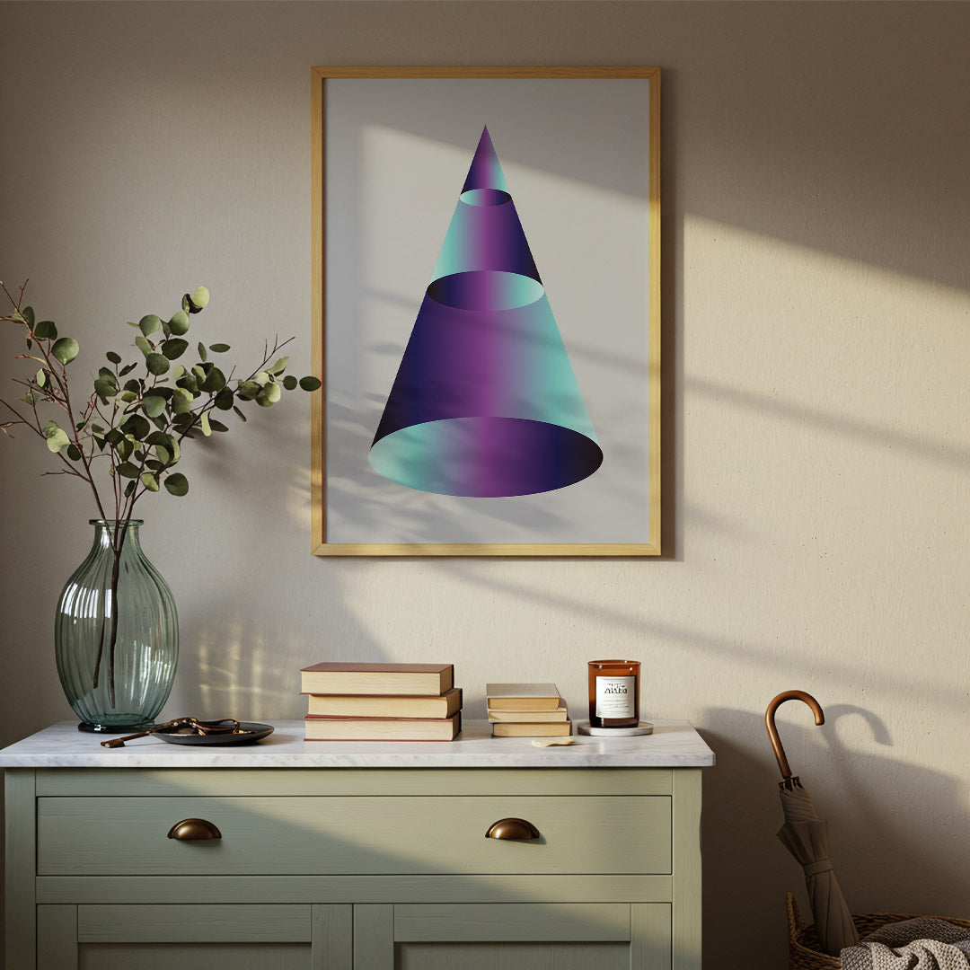 Framed abstract art on a wall above a dresser with decorative items.