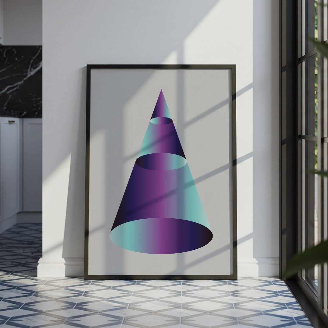 Framed abstract art of a purple and blue cone on a white wall.
