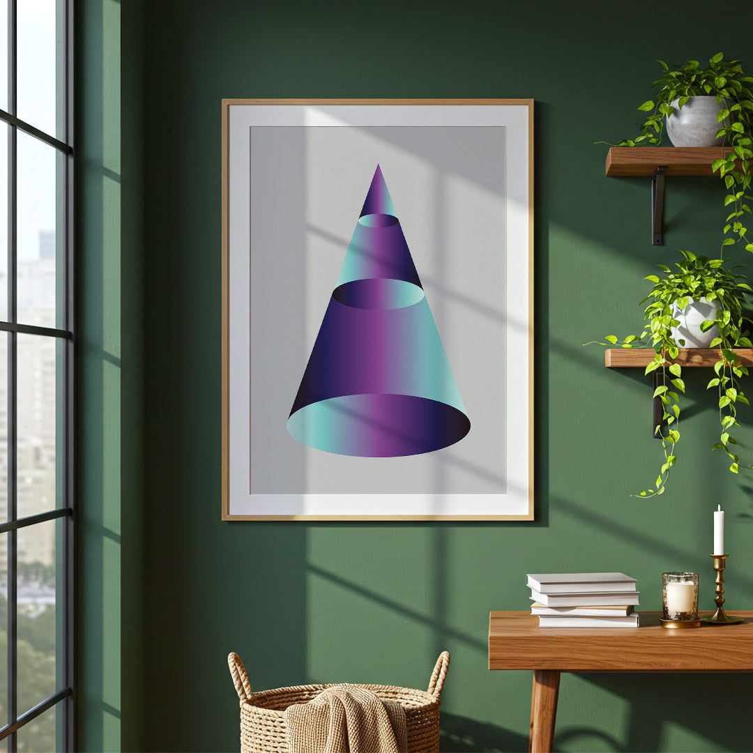 Framed abstract art piece on a green wall with a desk and window in the background