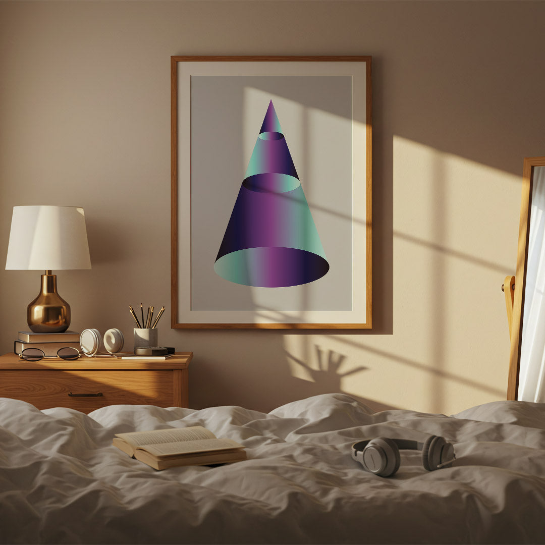 Bedroom with a bed, lamp, books, and abstract art on the wall.