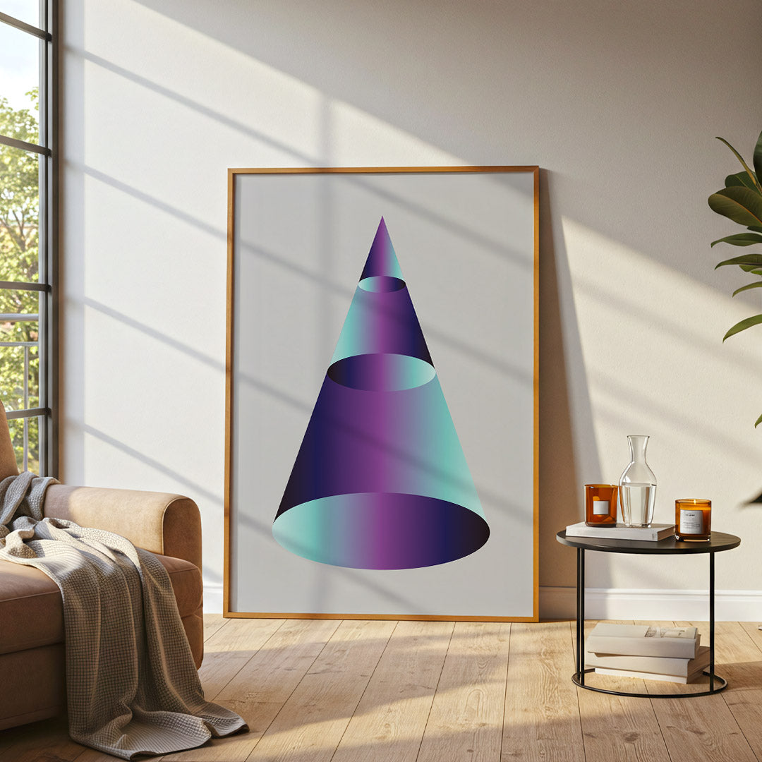 Framed abstract art of a cone with gradient colors in a modern living room.