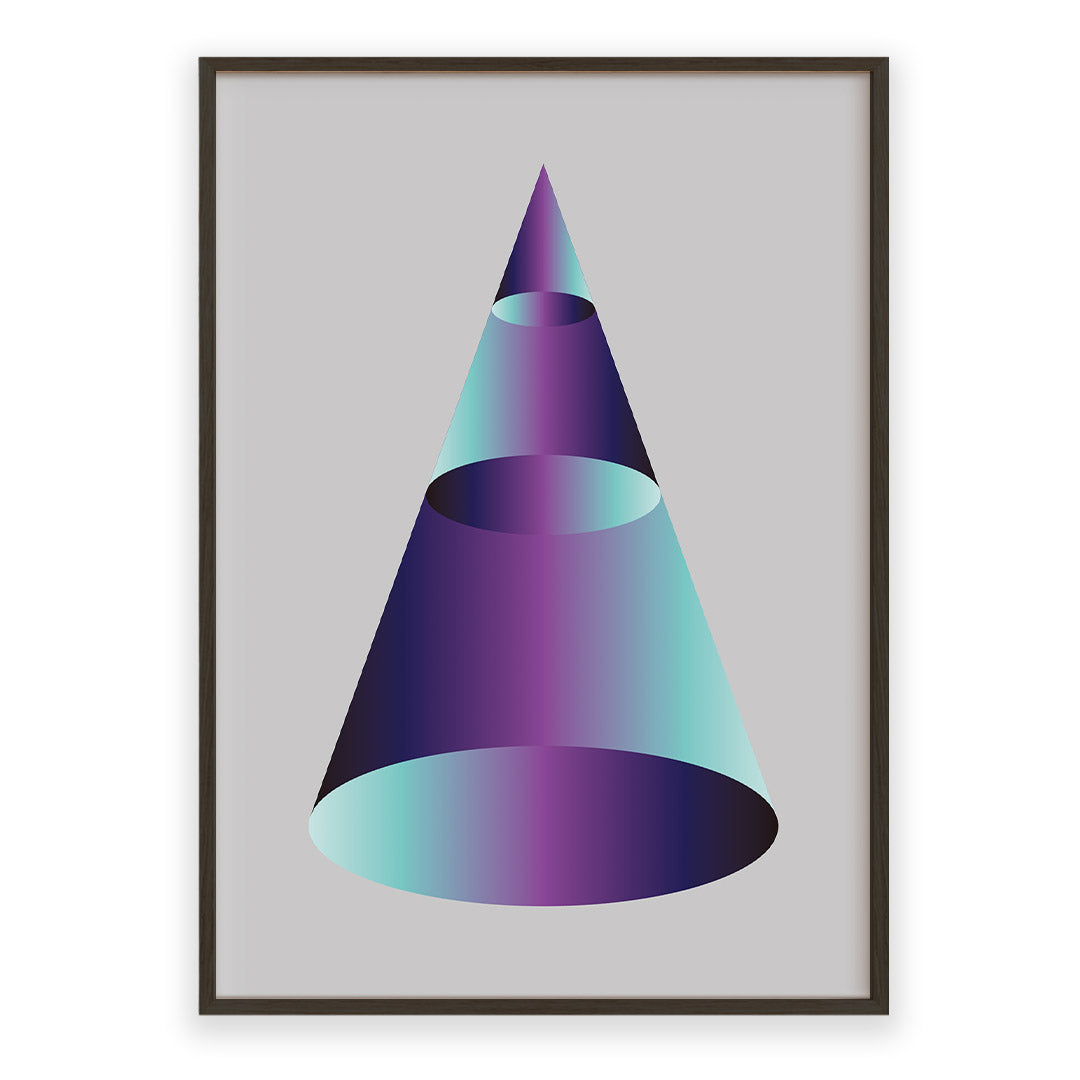 Framed artwork of a geometric cone with a gradient color on a light gray background