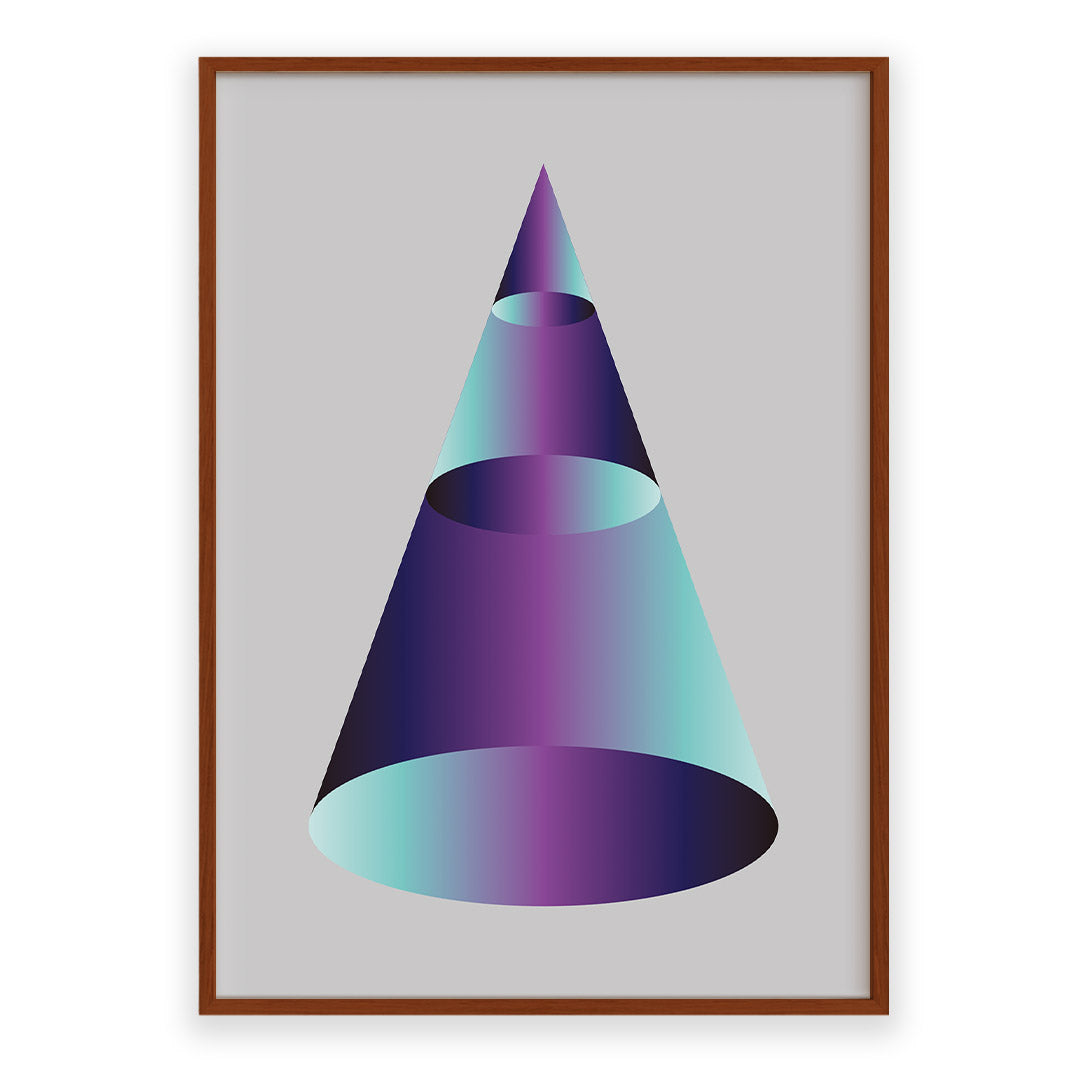 Framed artwork of a geometric cone with a gradient color scheme on a light gray background.