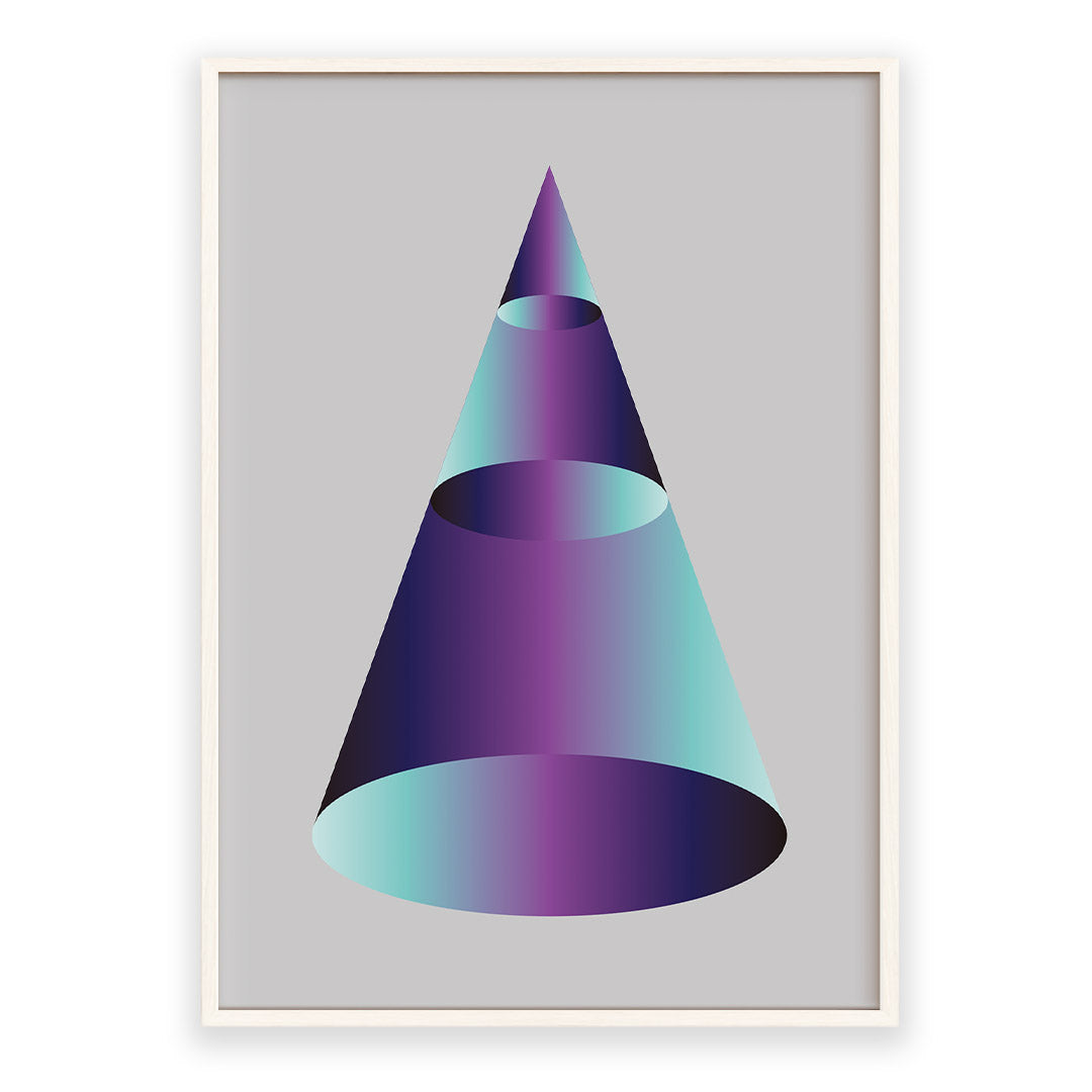 Framed artwork of a geometric cone with a gradient color scheme on a gray background