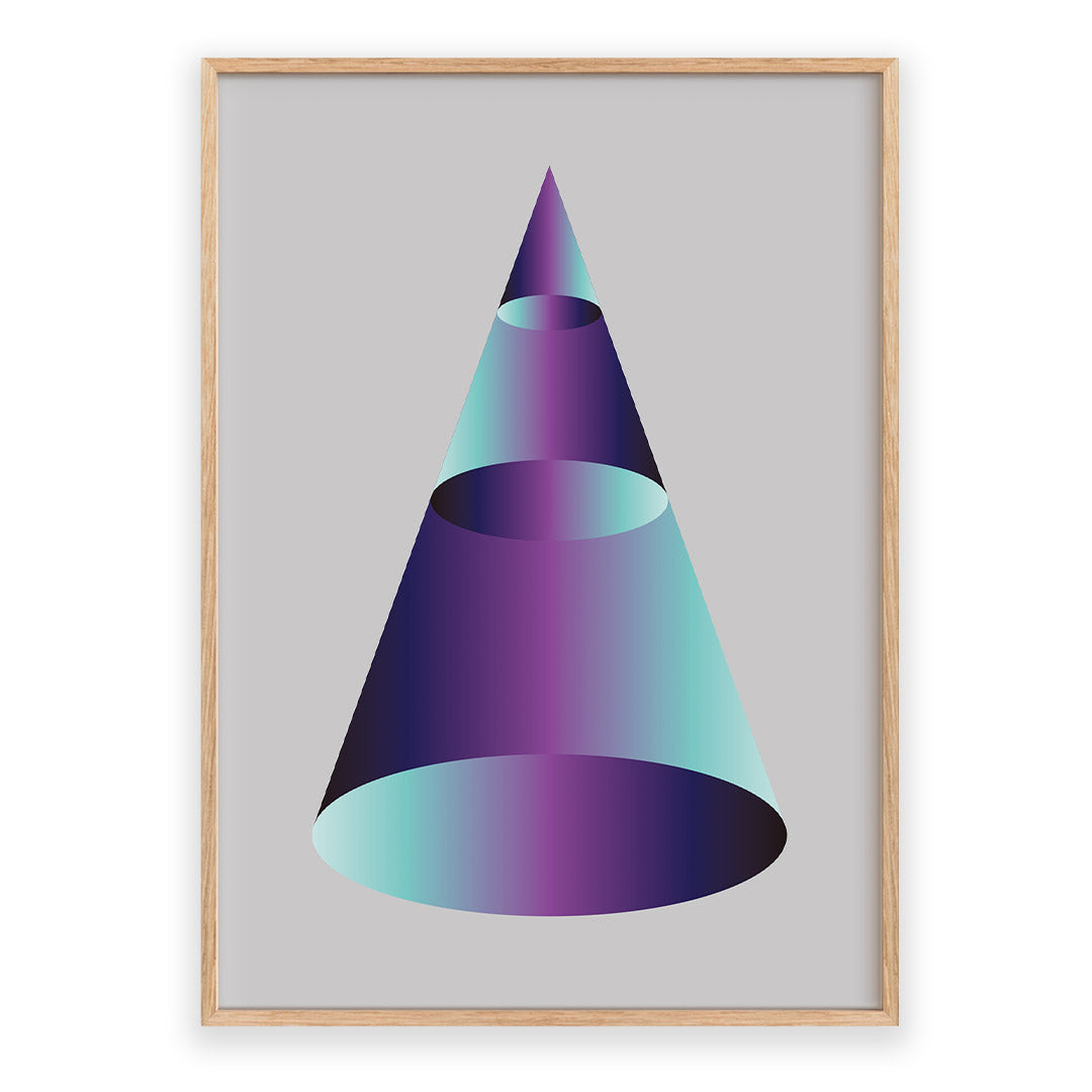 Framed artwork of a geometric shape with a gradient color on a light gray background