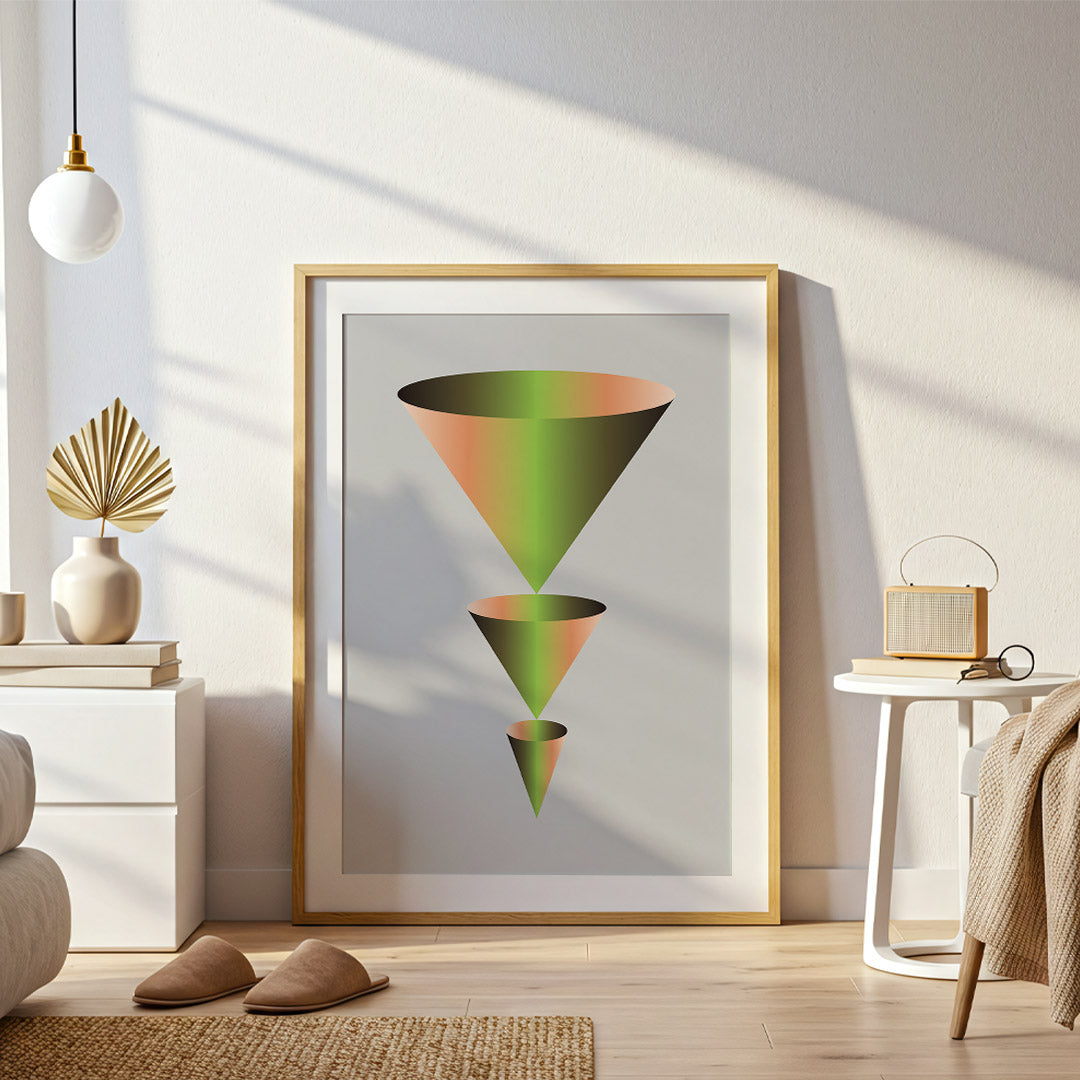 Framed abstract art piece with geometric shapes in a modern interior setting.