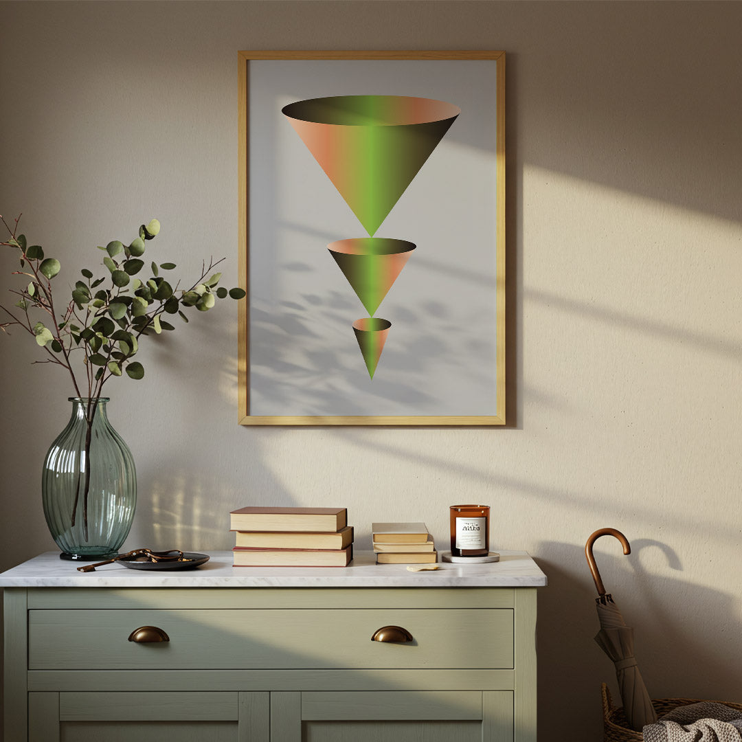 Framed abstract art on a wall above a dresser with decorative items.