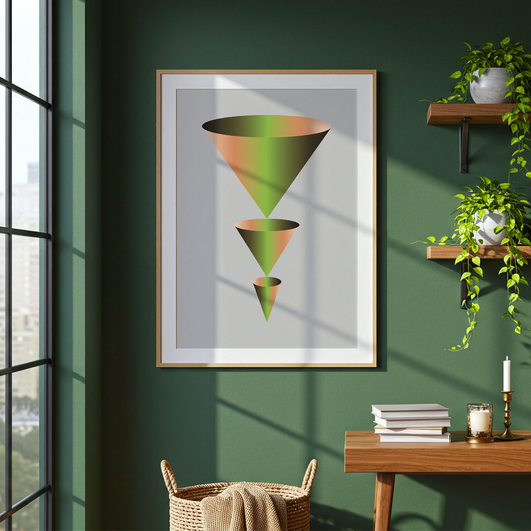 Framed geometric art piece on a green wall with a wooden desk and window in the background