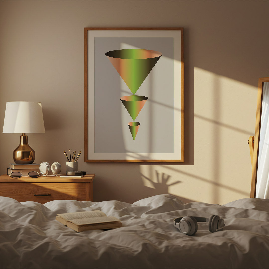 Bedroom with a colorful abstract art piece on the wall, lamp, and books.
