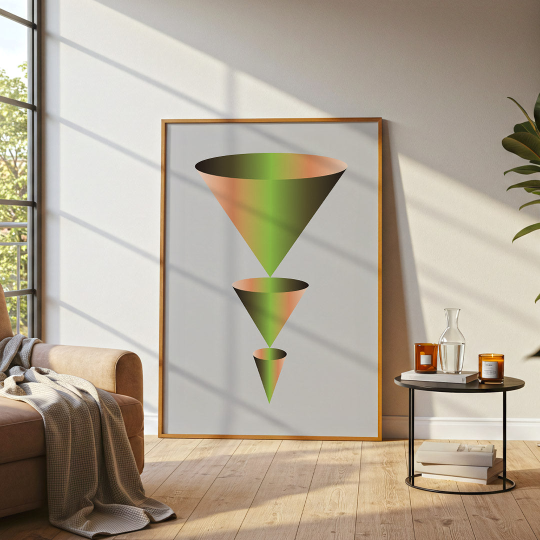 Framed geometric art piece in a modern living room