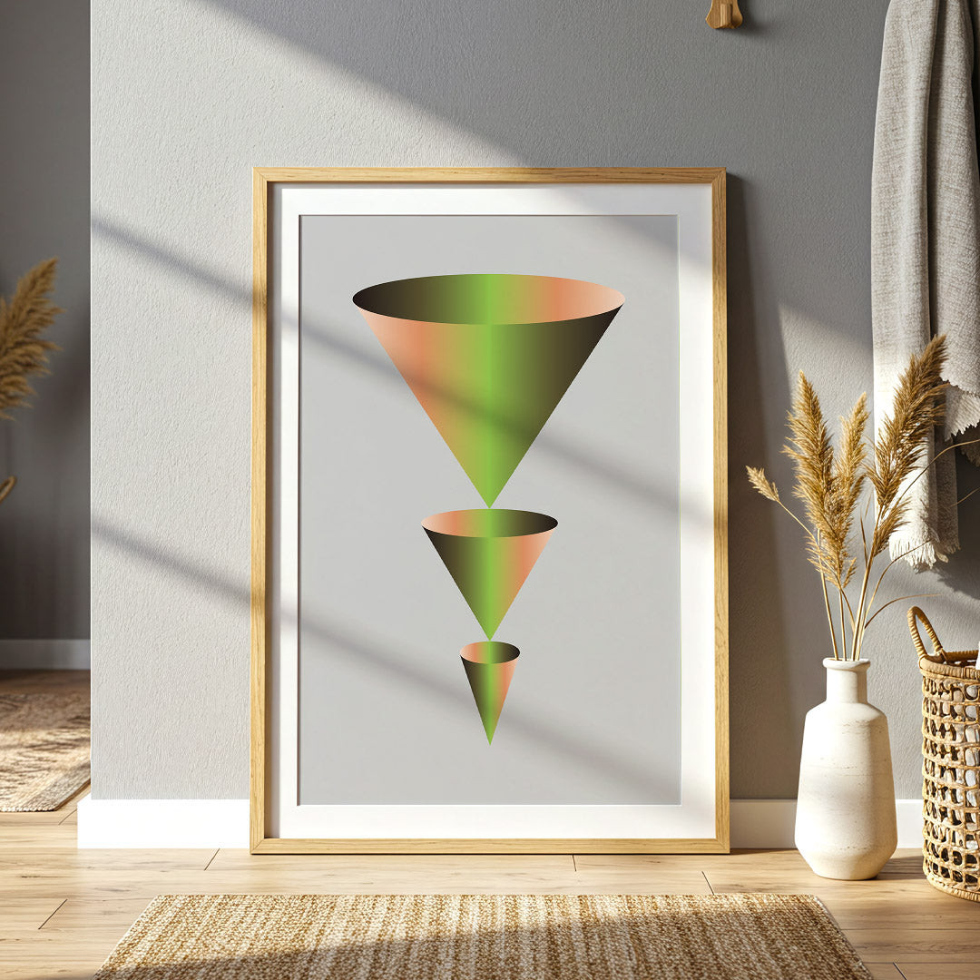 Framed geometric art print of a colorful funnel on a wall with decorative elements.