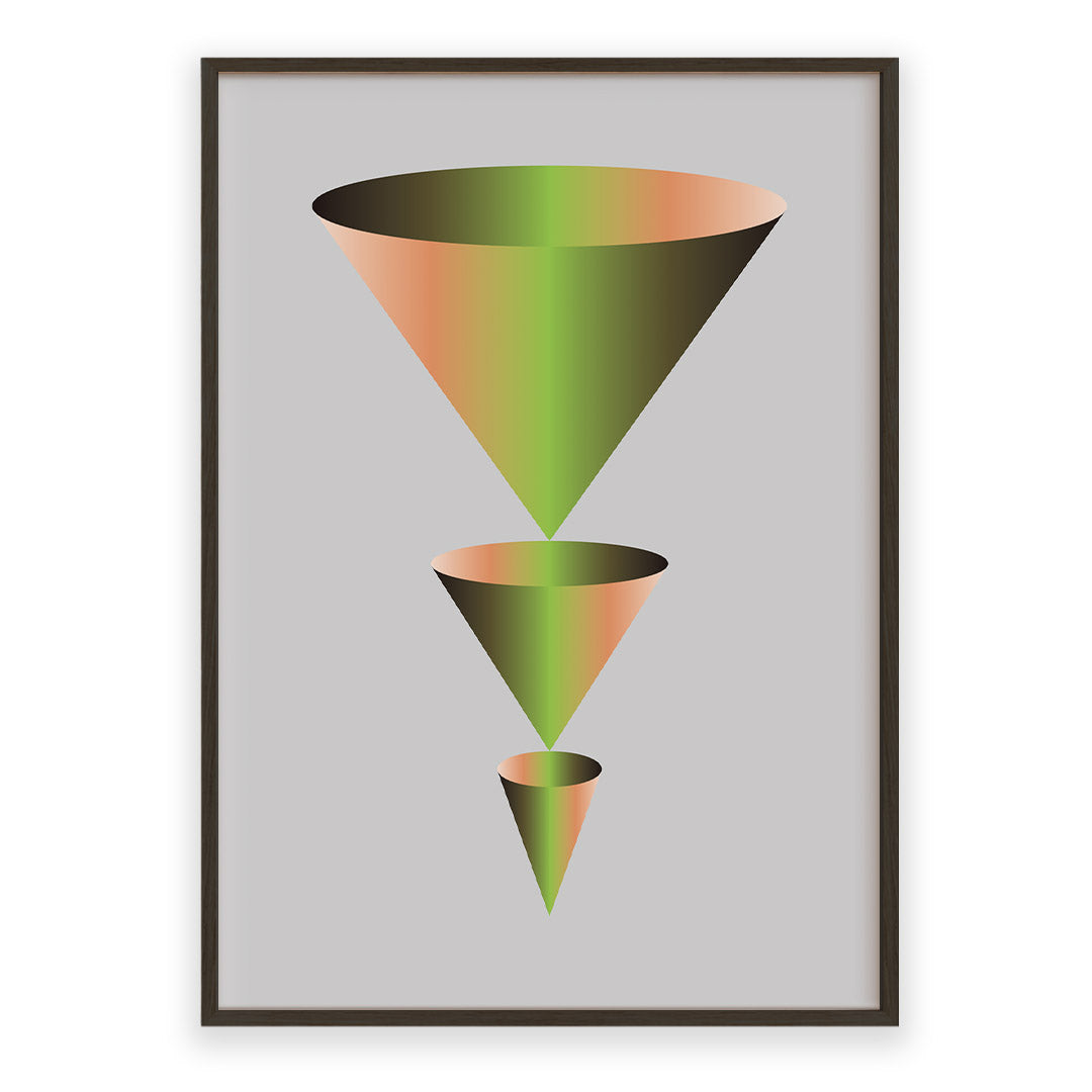Cones02 abstract geometric poster featuring three vertically aligned inverted cones with green and peach gradients on a light gray background, minimalist contemporary wall art.
