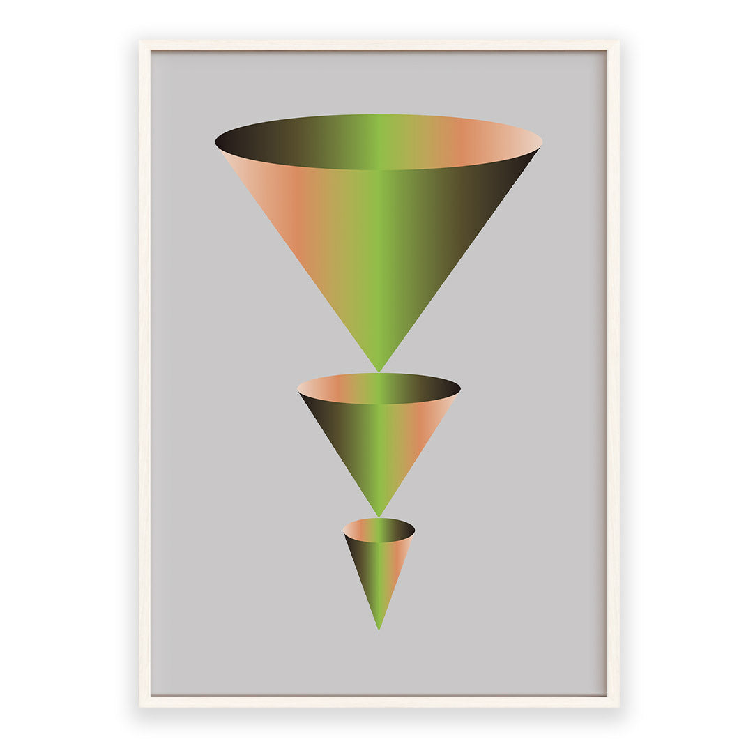 Framed artwork of three gradient cones on a gray background