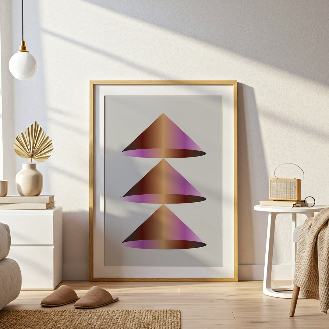 Framed abstract art piece in a modern living room setting