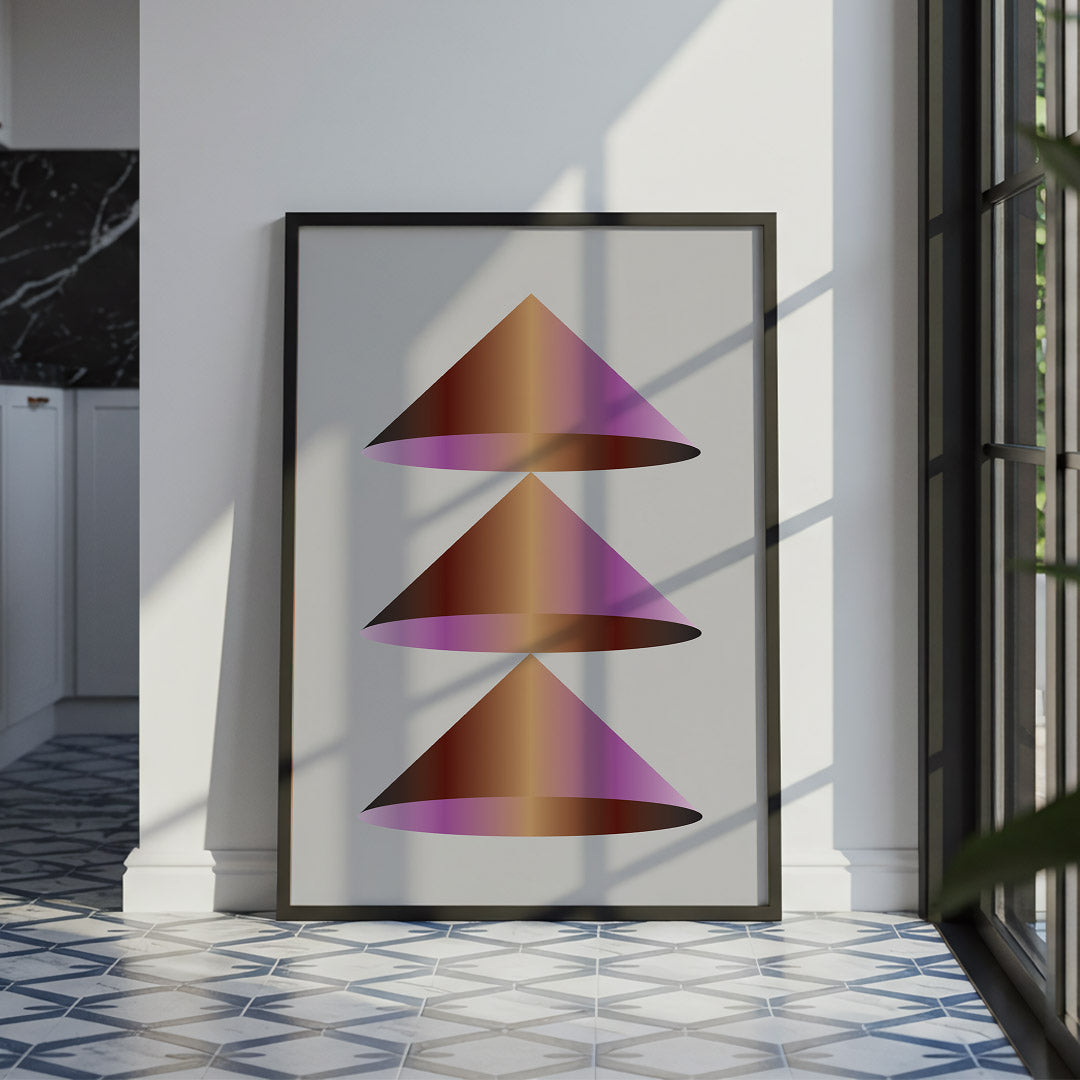 Framed abstract art with geometric shapes in a modern interior setting