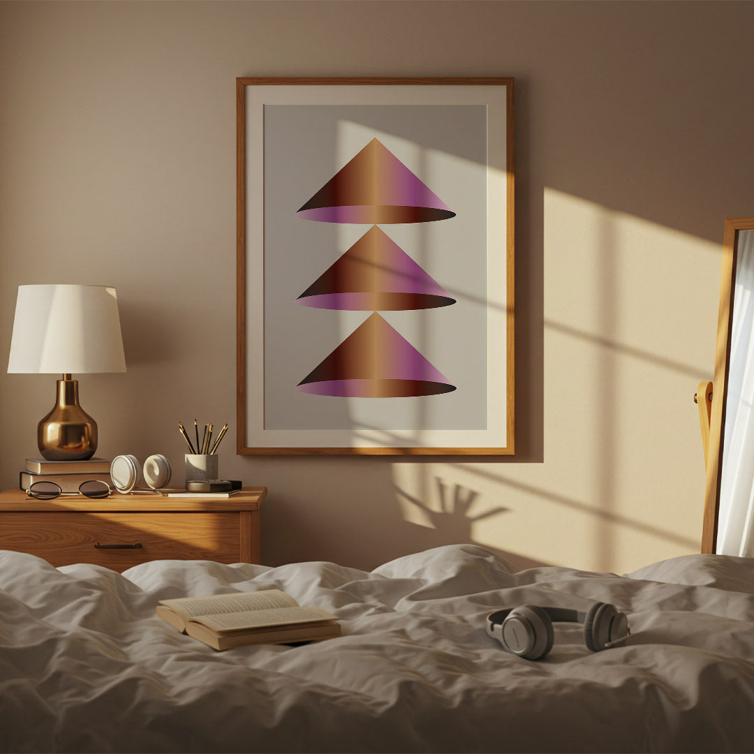 Bedroom interior with a lamp, books, and abstract art on the wall.