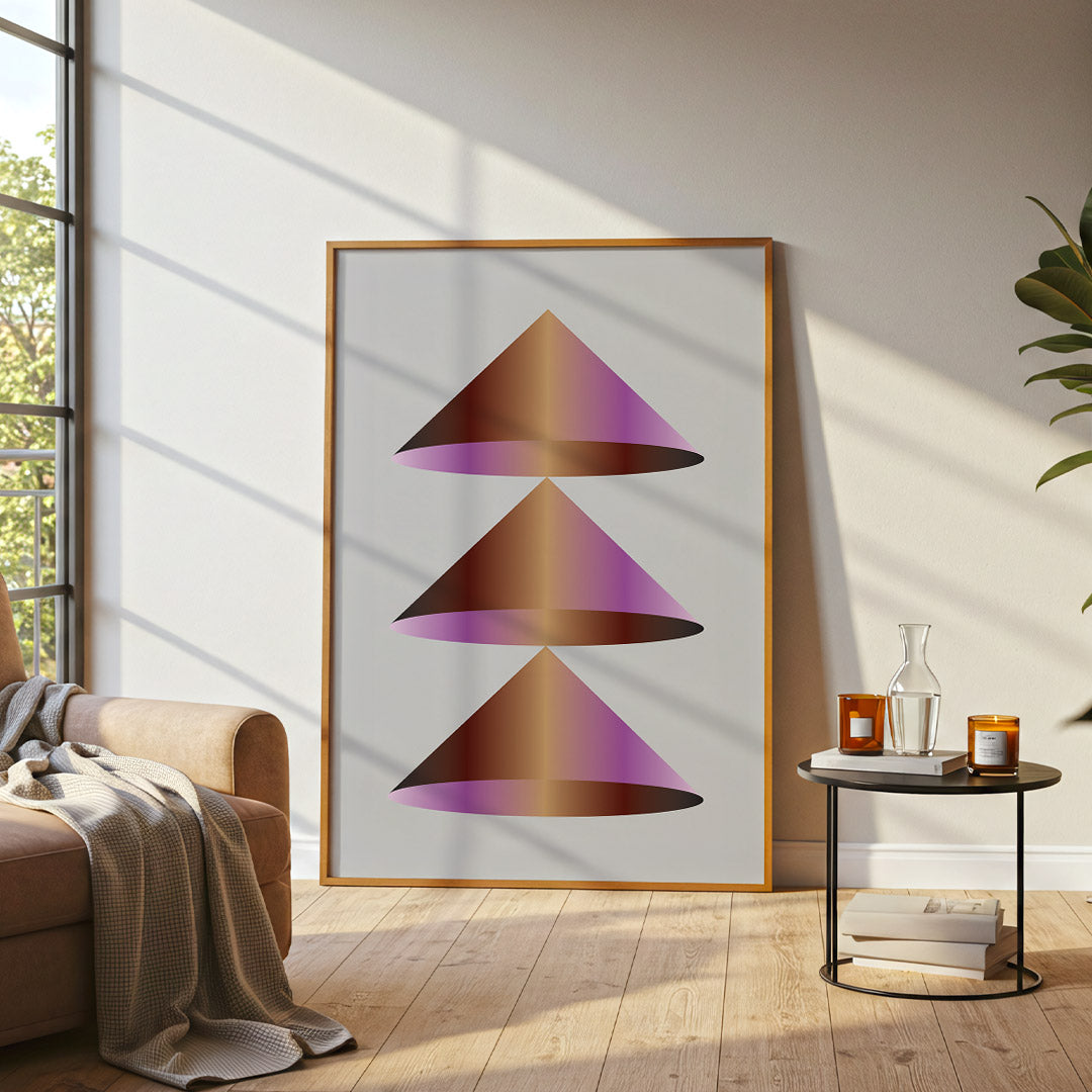 Framed abstract art piece in a modern living room setting