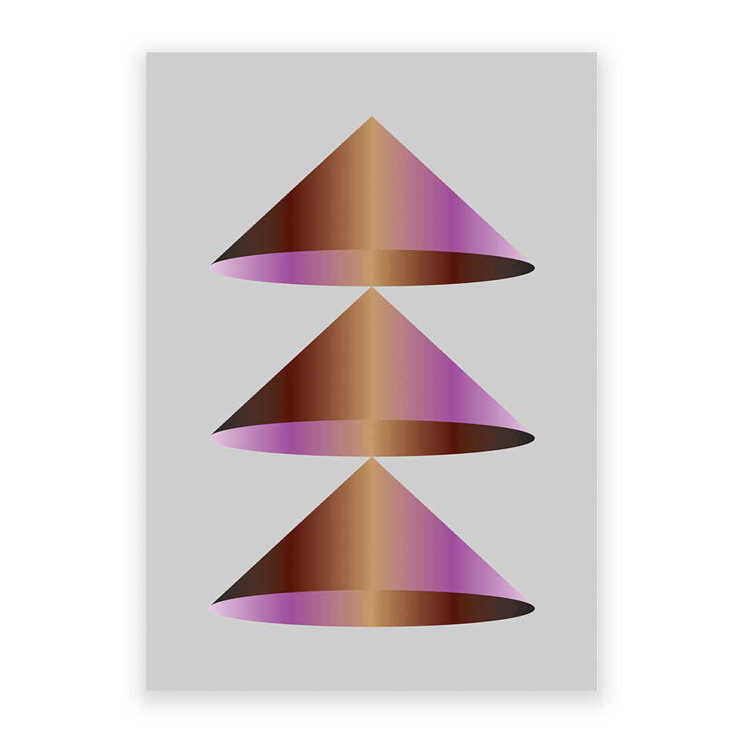 Geometric art print with stacked triangles in purple and brown on a light gray background