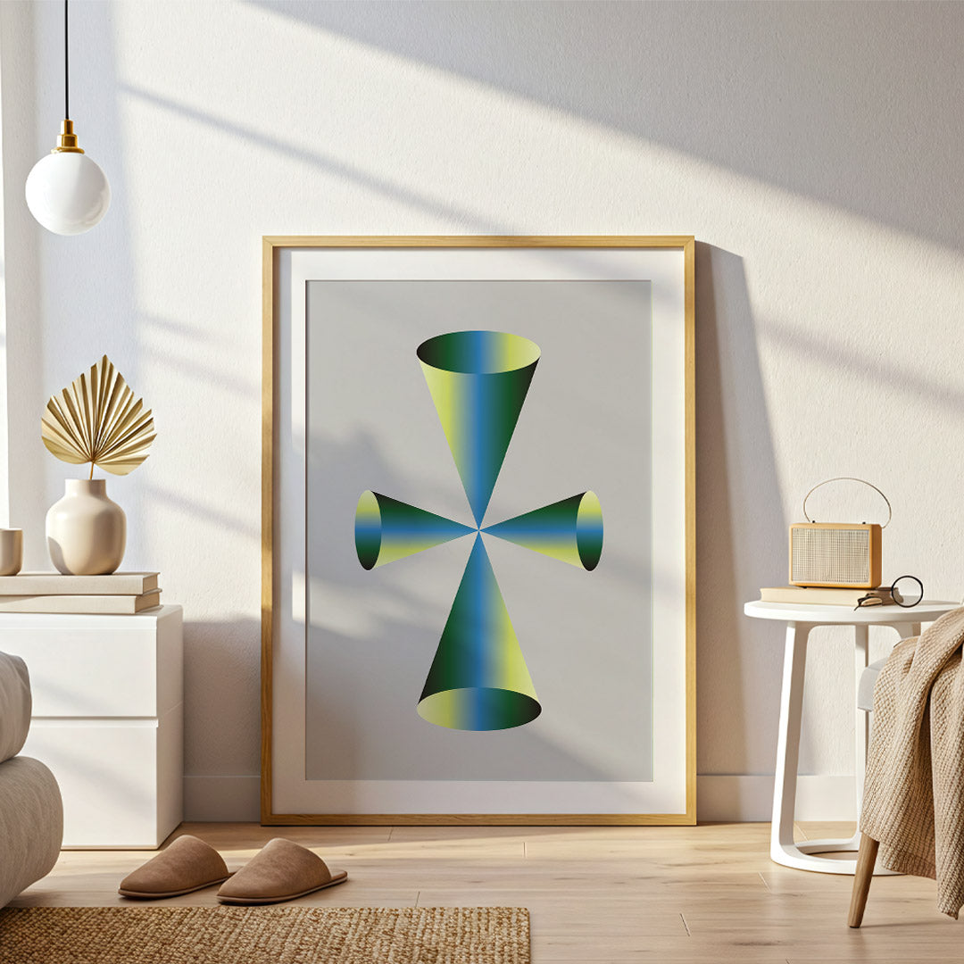 Framed abstract artwork in a modern living room setting