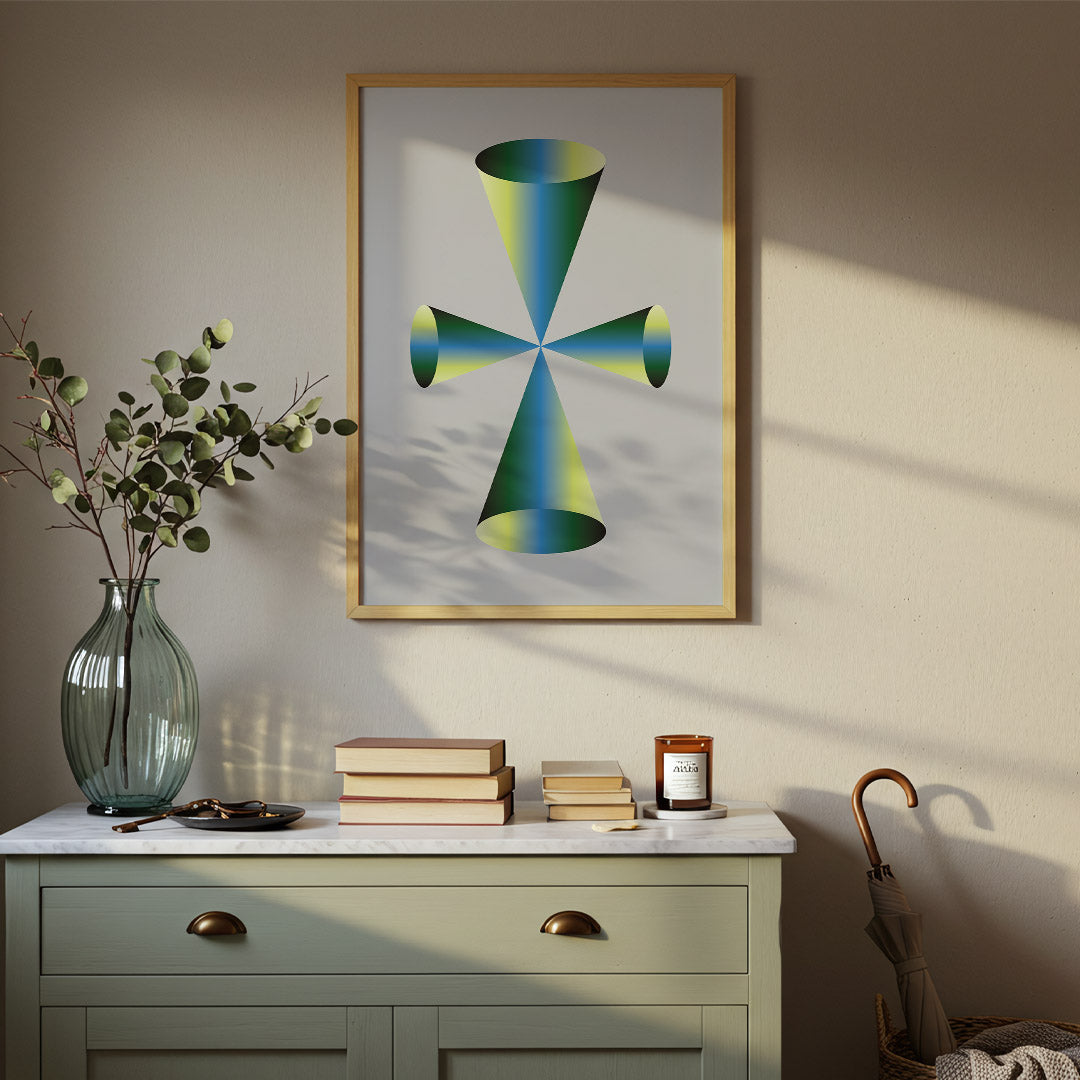 Framed abstract art on a wall above a dresser with decorative items.