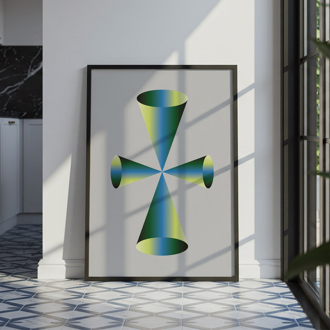 Framed abstract artwork with geometric design on a wall in a room.