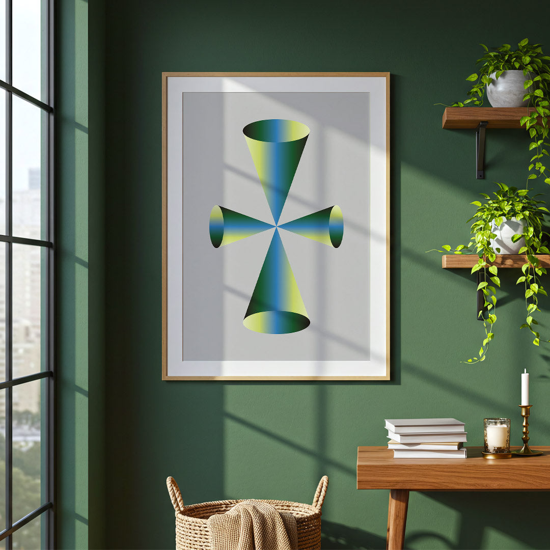 Framed abstract artwork on a green wall with a wooden desk and window in the background