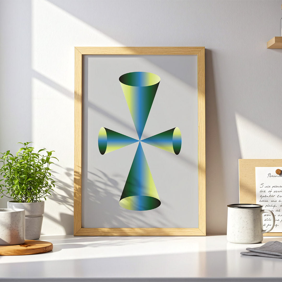 Framed abstract artwork with a geometric design on a desk with decor items.