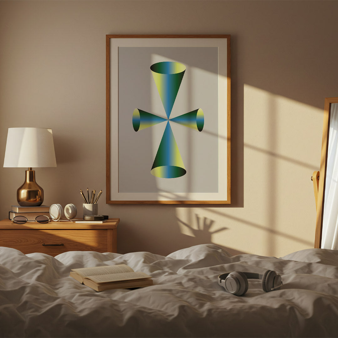 Bedroom with a geometric abstract painting on the wall, lamp, and books.