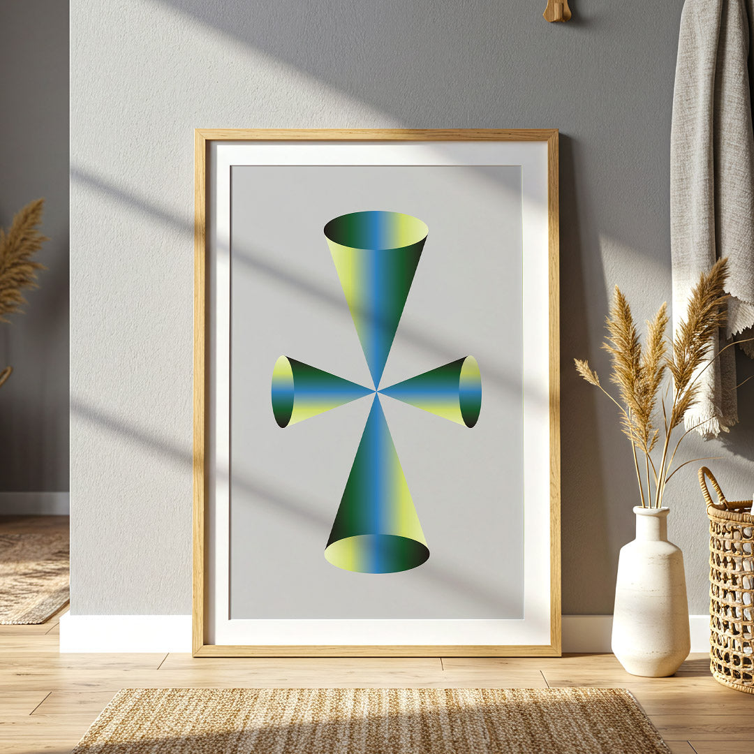 Framed abstract artwork with geometric design on a wall in a home setting