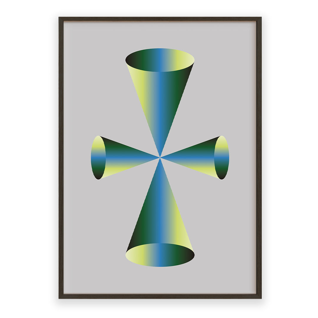 Framed abstract artwork with geometric design on a gray background