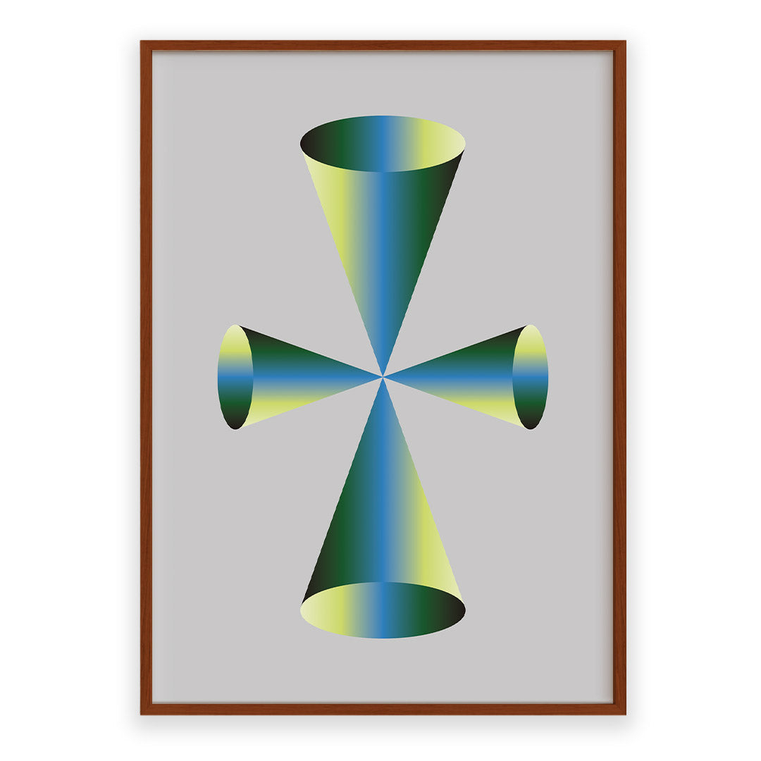 Framed abstract artwork with geometric design on a gray background