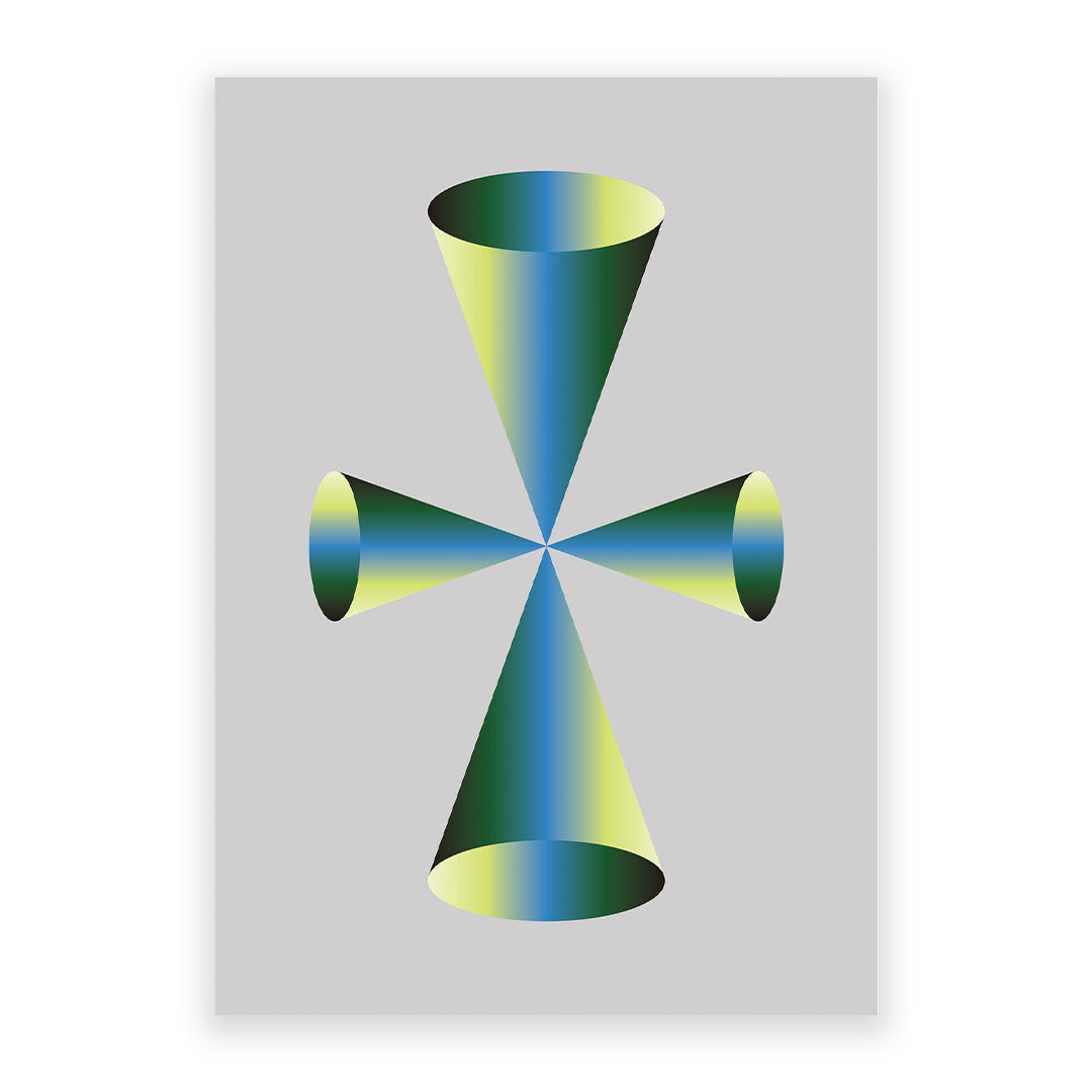 Geometric design with intersecting cones in green and yellow on a gray background