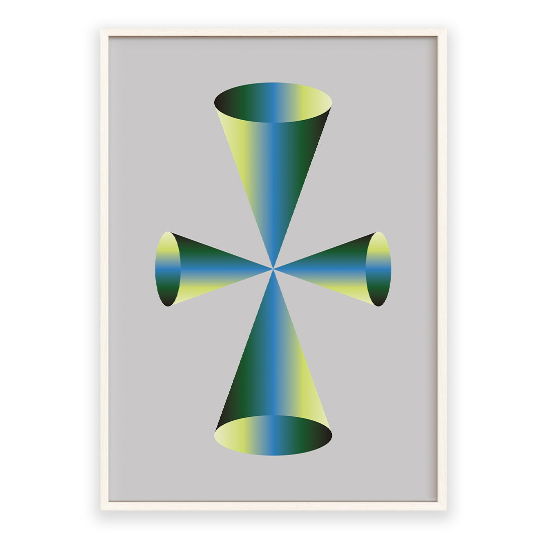 Framed abstract art print with geometric design on a gray background