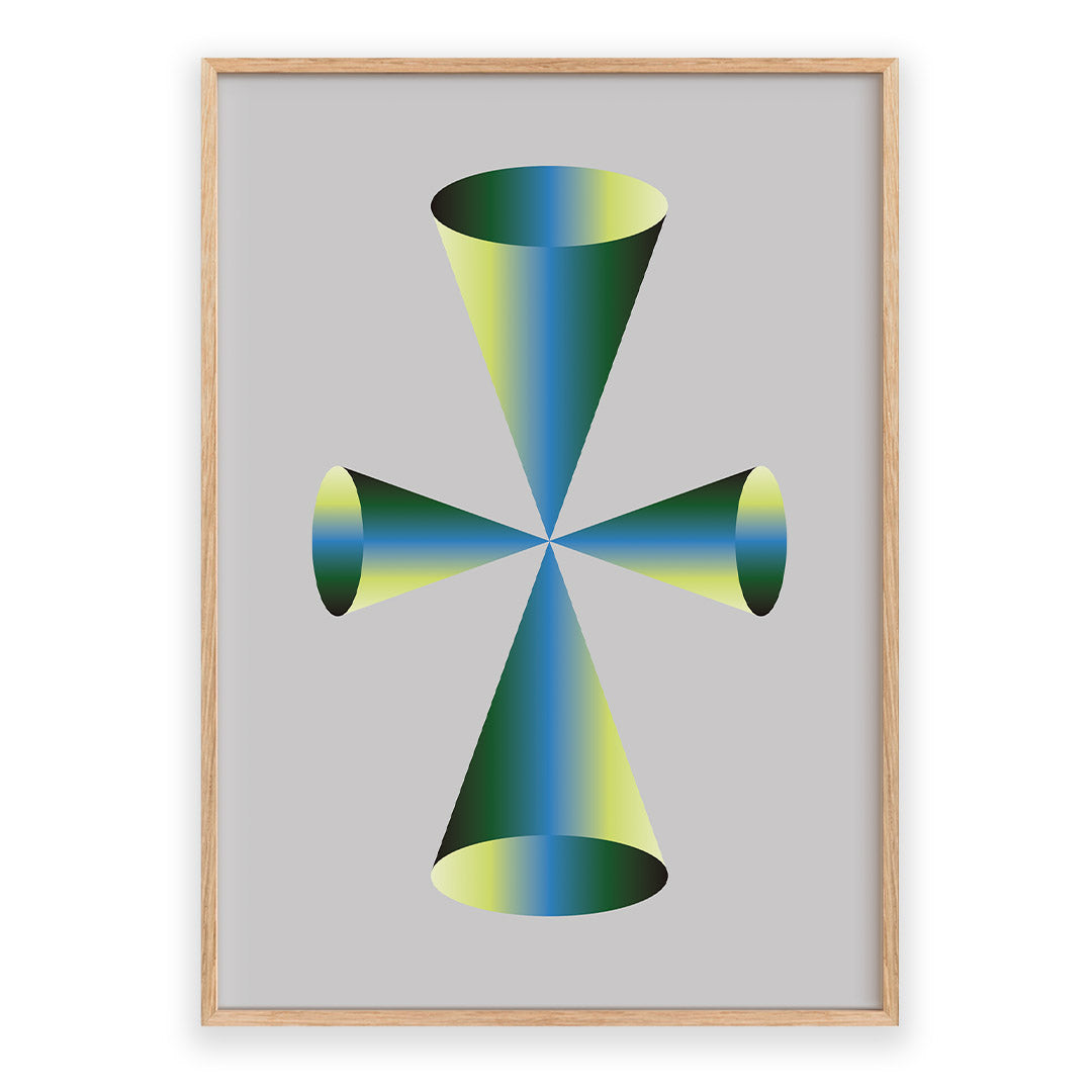 Framed abstract artwork with geometric design on a gray background