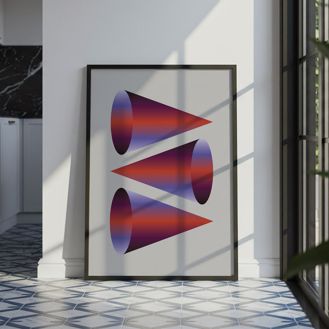 Framed abstract art with geometric shapes in a modern interior setting