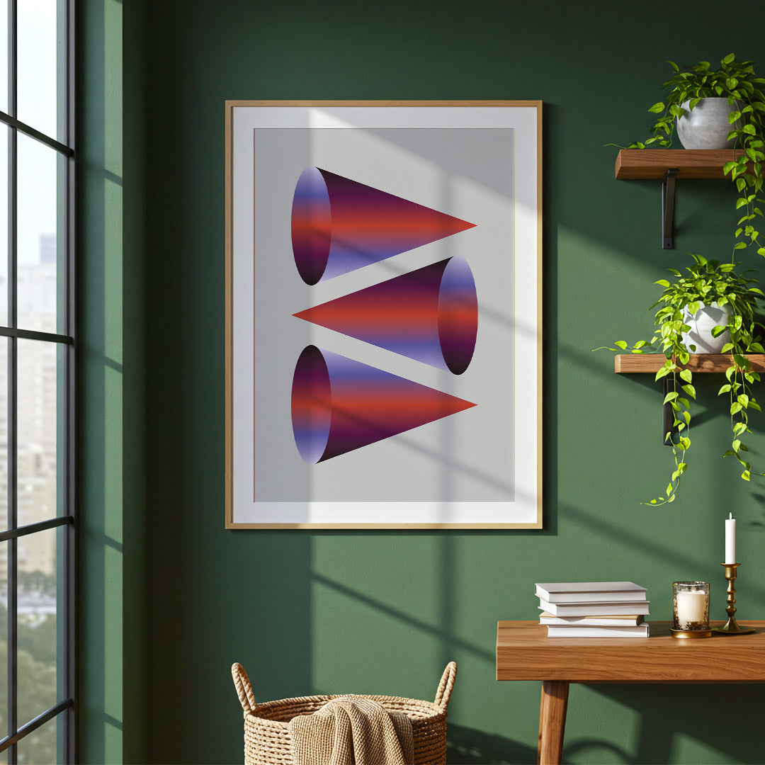 Abstract art print on a green wall with a wooden desk and window in the background