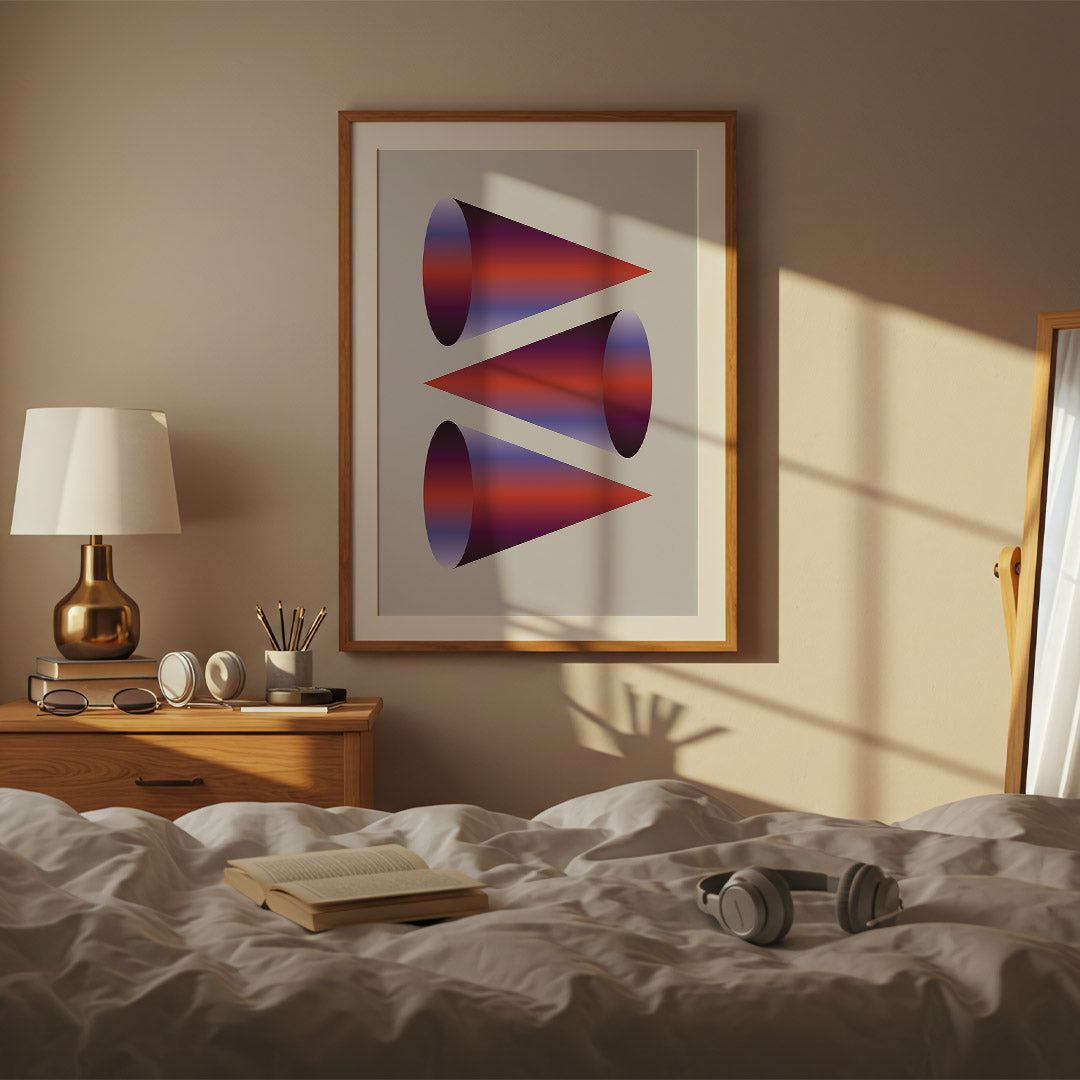 Bedroom interior with abstract art on the wall, lamp, and books.