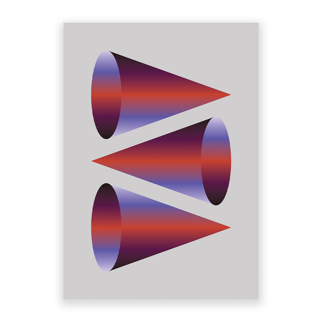 Geometric art print with three overlapping cones in red and blue on a light gray background