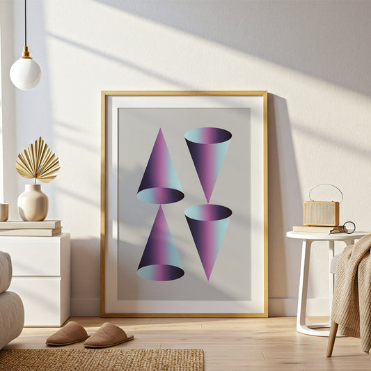 Framed abstract art print of purple cones in a modern living room.