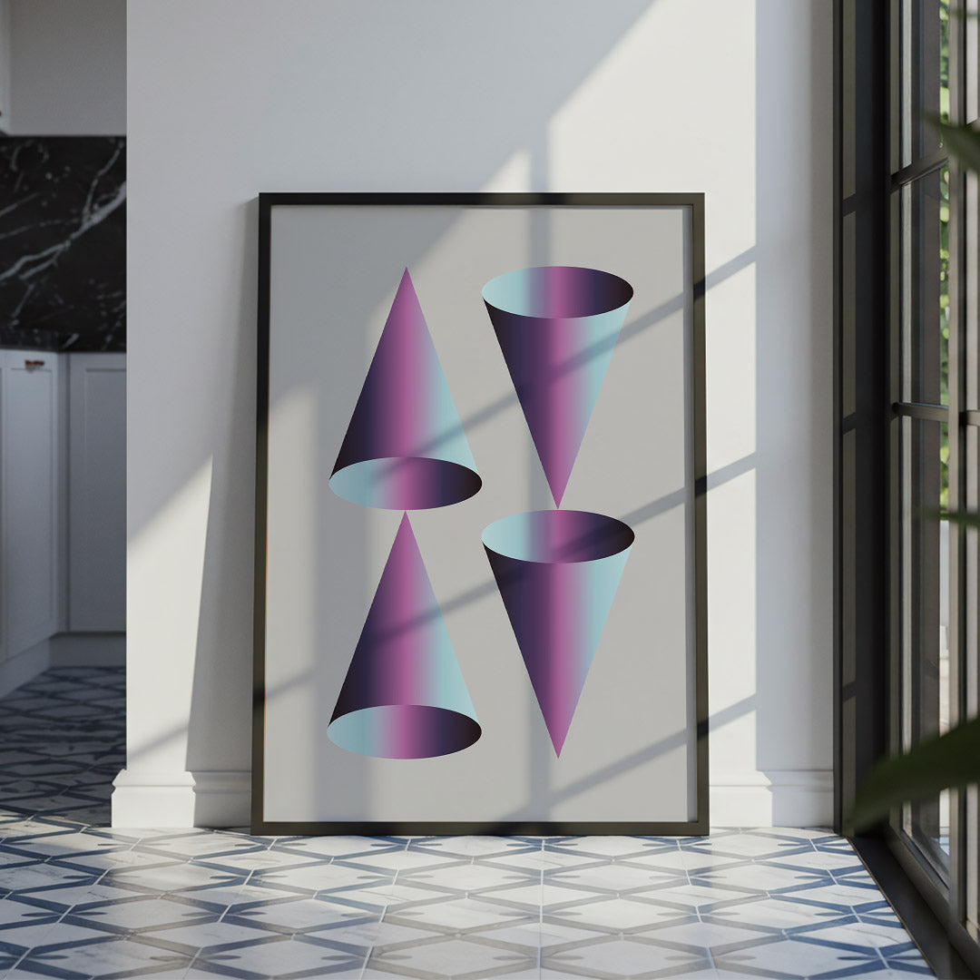 Framed abstract art print of geometric shapes in a modern interior setting