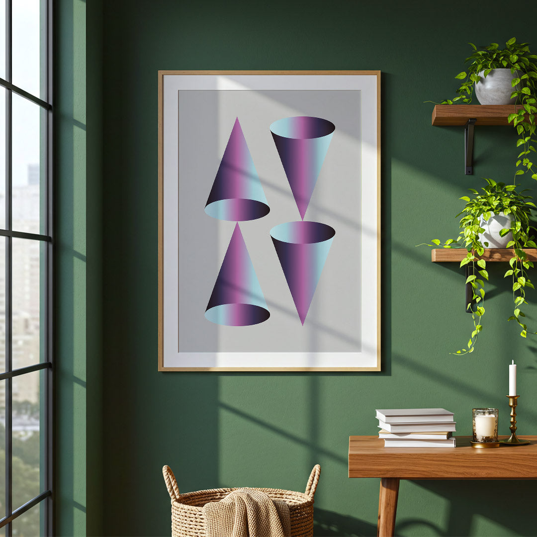 Framed abstract art with purple cones on a green wall above a wooden desk.