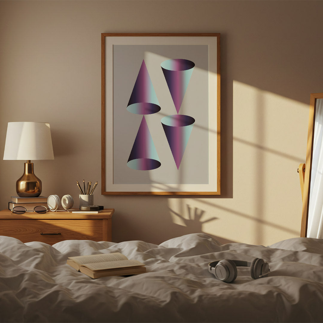 Bedroom interior with a framed abstract art piece on the wall, lamp, and books.