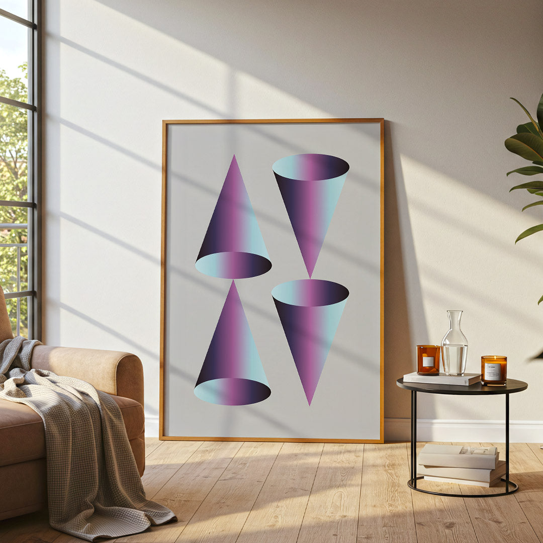 Framed abstract art print of purple cones in a modern living room.