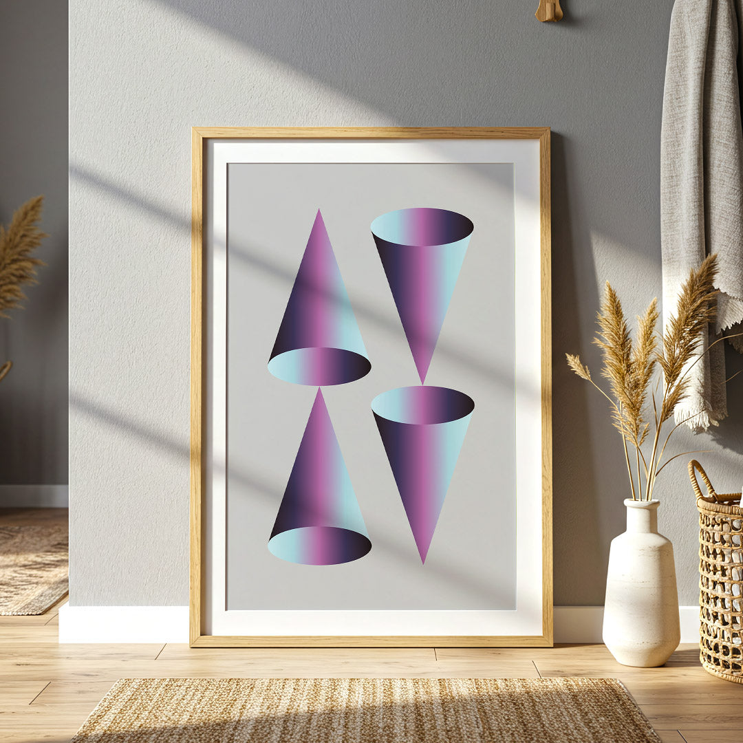 Framed abstract art print of purple geometric shapes on a gray wall.