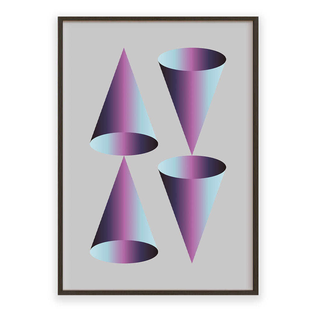 Cones06 abstract geometric poster featuring four cone forms arranged in a balanced grid with cyan, violet, magenta, and indigo gradients on a light gray background, minimalist contemporary wall art.