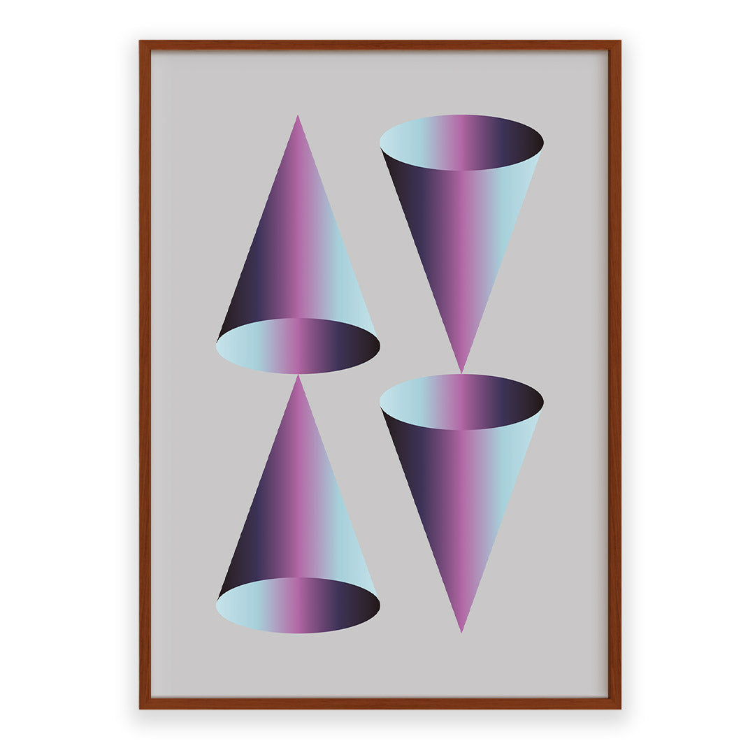 Framed artwork with geometric purple and blue cones on a gray background