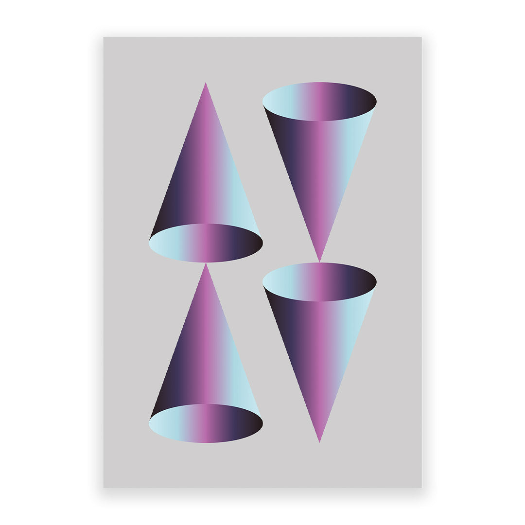 Cones06 abstract geometric poster featuring four cone forms arranged in a balanced grid with cyan, violet, magenta, and indigo gradients on a light gray background, minimalist contemporary wall art.