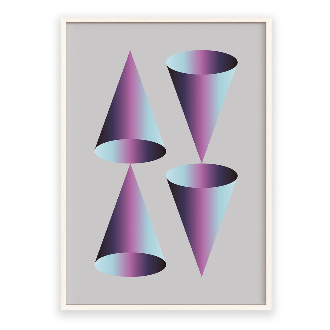 Framed artwork of four gradient cones on a gray background